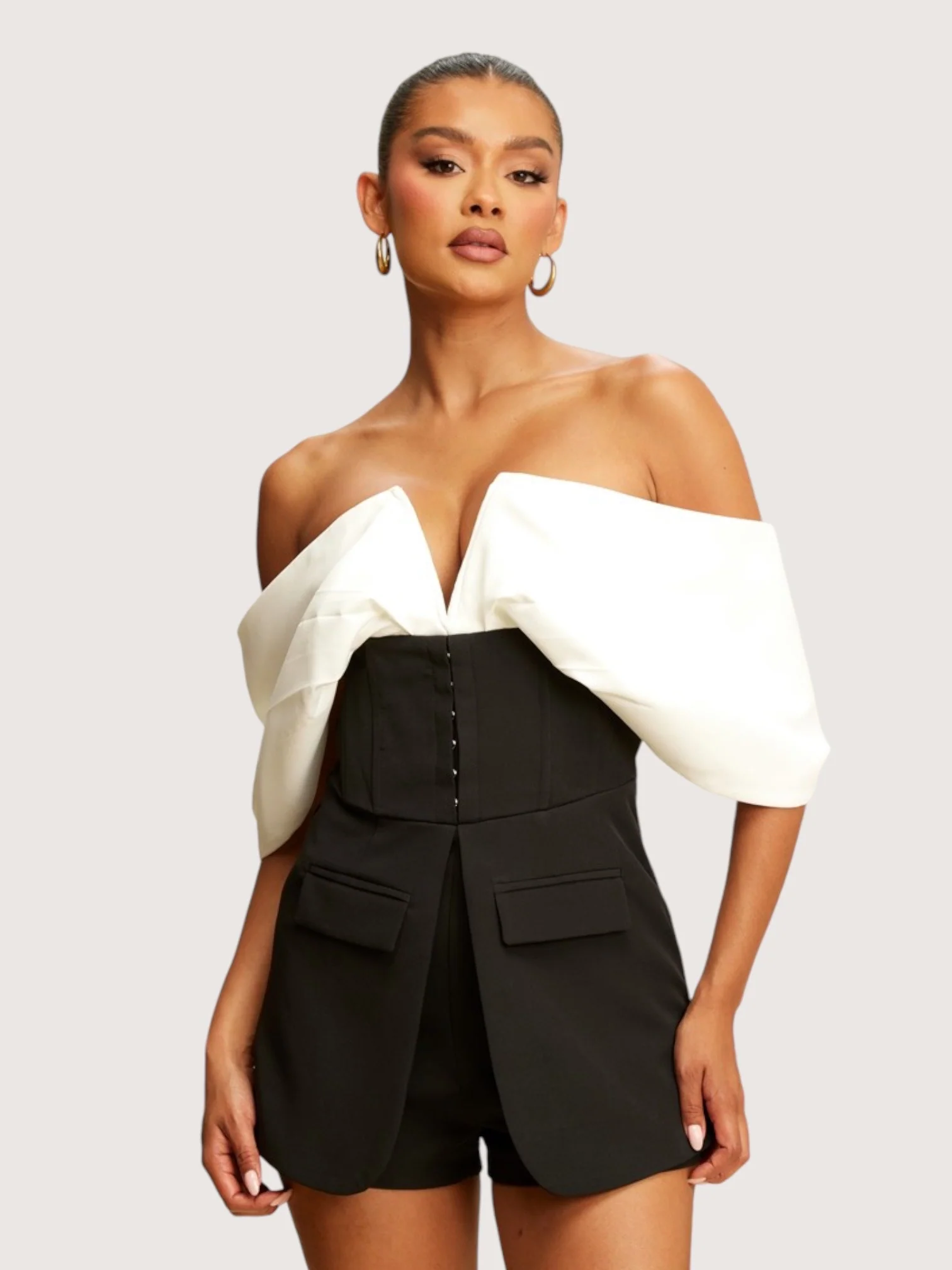 Elegant Off-Shoulder Black And White Playsuit
